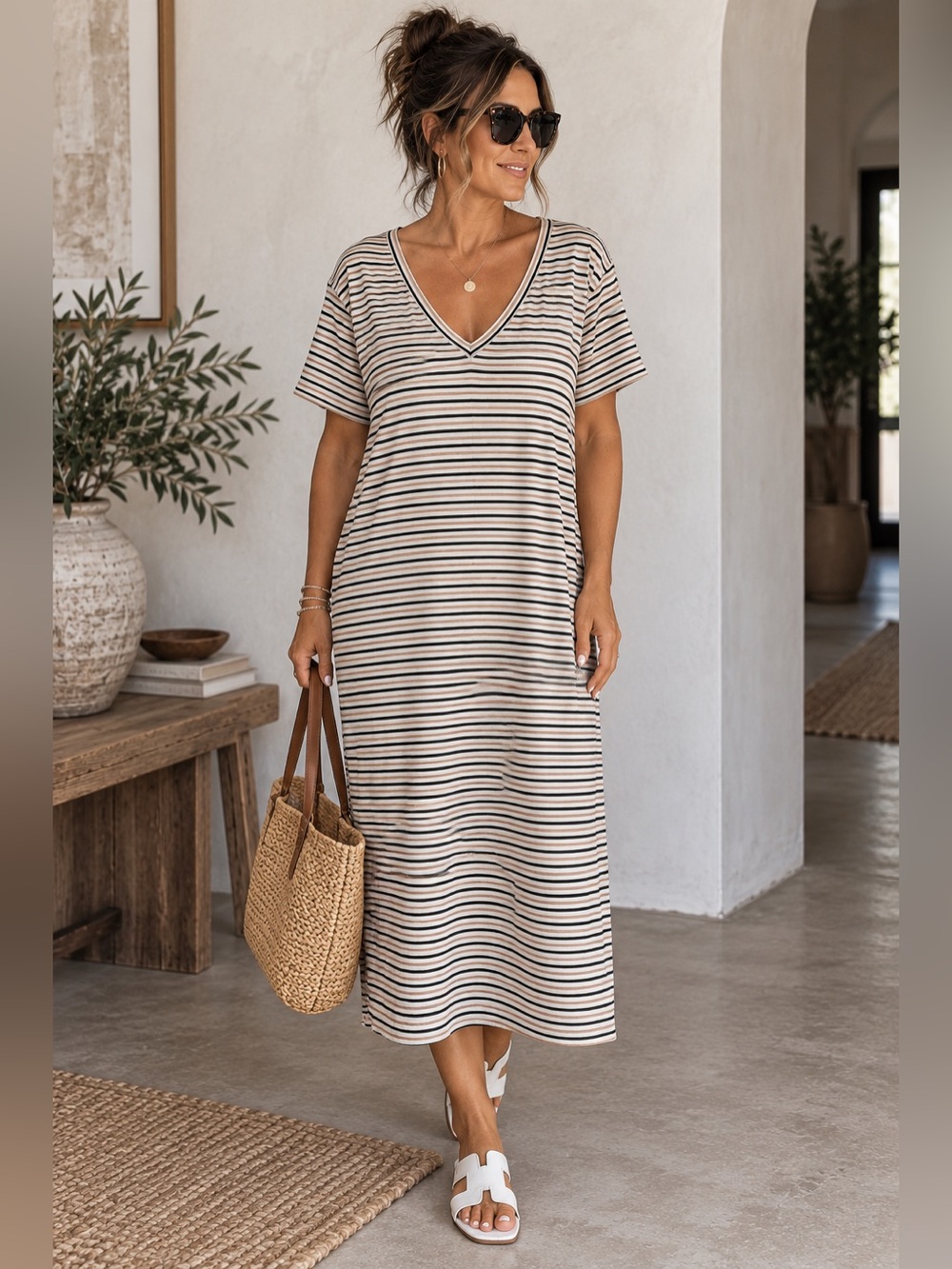 M.M.LaFleur The Renee V-Neck Midi T-Shirt Dress Thin Striped Cotton Tan Black